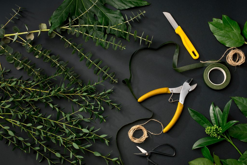 Tools and accessories florists need for making up a bouquet